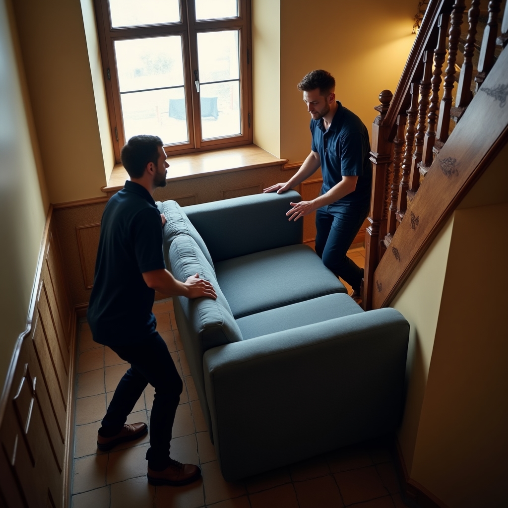 Zwei Teammitglieder tragen gemeinsam ein Sofa die Treppe hinunter